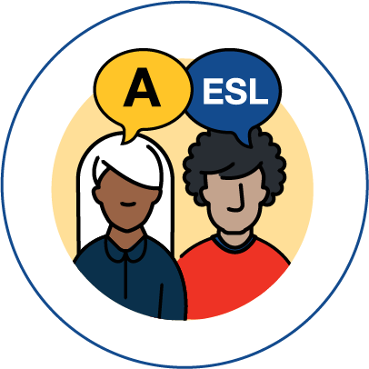 Two people stand side by side with speech bubbles above their heads. One says "A" and the other says "ESL"