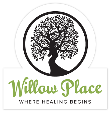 An illustrated willow tree with the words "willow place - where healing begins"