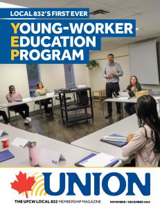 Cover of UNION magazine with the words Young-worker Education Program and a classroom of adult learners smiling at an instructor