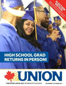 An adult high school graduate turns her head to smile at the camera on the cover of the UNION magazine.
